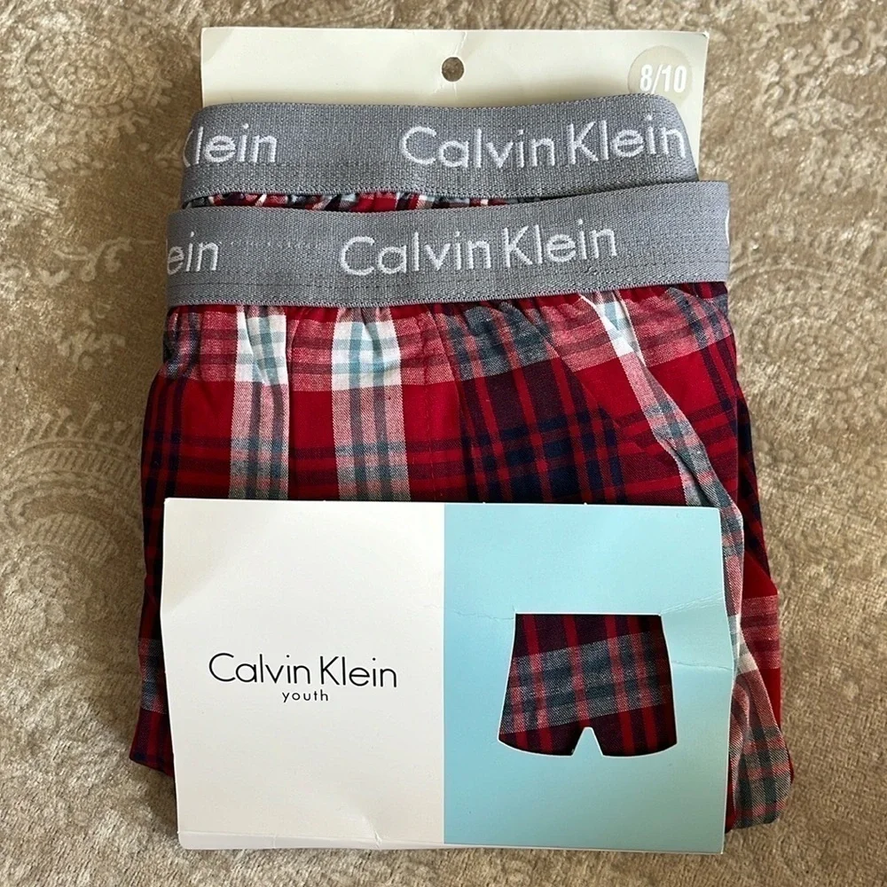 Brand New Calvin Klein 2-Pack Boys Plaid Cotton Boxer Shorts Red Blue Underwear
